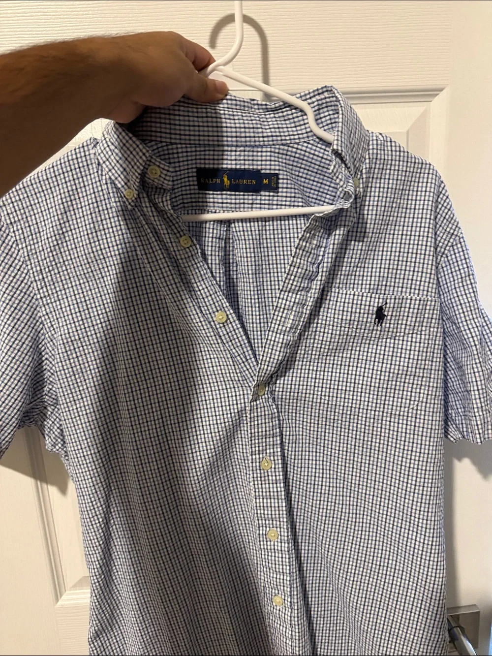 Ralph Lauren Men’s Blue and White Check Button-Down Polo Shirt